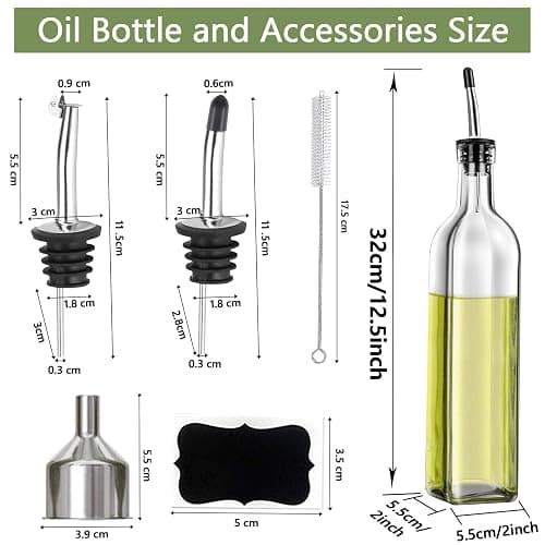 Leaflai Olive Oil Dispenser Bottle, 2 Pcs Glass Olive Oil Dispenser and Vinegar Dispenser Set with 2 Stainless Steel Pourers, 4 Labels,1 Brush and 1 Funnel Oil Bottles for Kitchen (500ml) thumbnail 3