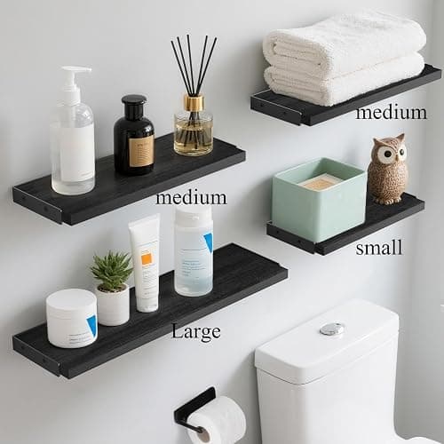BAYKA Wall Mounted Floating Shelves, Wood Floating Wall Shelf for Books & Decor, Small Space-Saving Display & Organizer（Black，Set of 4） thumbnail 6