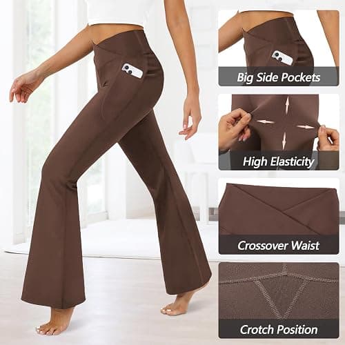 DLOODA Women's Flare Leggings with Pockets-Crossover High Waisted Bootcut Yoga Pants-Tummy Control Bell Bottom Leggings thumbnail 5