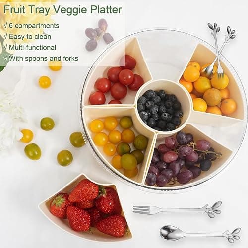 SanerCraft Rotating Snackle Box Container, Divided Fruit and Snack Tray with lid and Handle, Spinning Snack Container Veggie Platter for Parties, Picnics, Camping... thumbnail 3