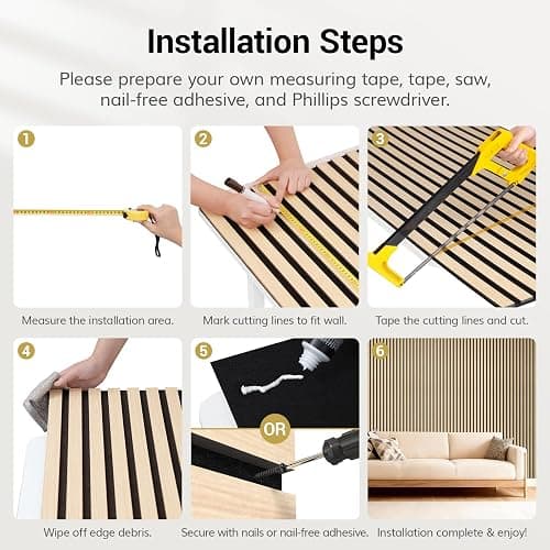 TONOR Wooden Acoustic Wall Panels, 2 Pack 120 x 60 cm (1,44m²) Wood Panels for Walls as Sound Proofing Panels, Slat Wood Panelling for Decorative Wall Panels, Living Room, Bedroom, Office, Natural Oak thumbnail 6