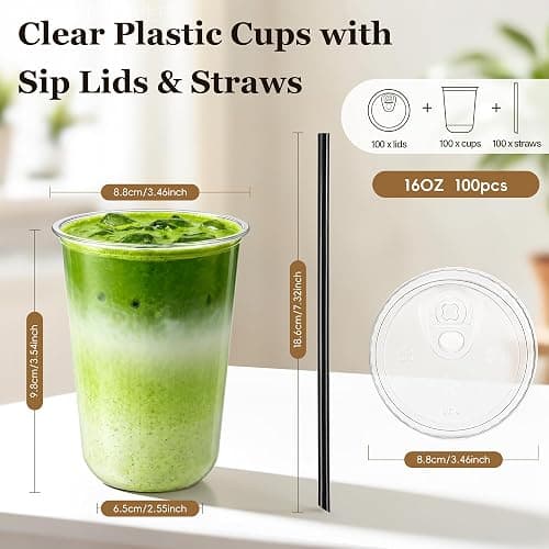 tchrules 100 Set 16oz Clear Round Bottom Plastic Cup with Sip Lid & Straw | Disposable, To Go, Leak-proof, for Iced Coffee/Cold Drinks/Slushie/ Smoothie/Matcha, Party Supplies, for Soda bar/Cafe Shop thumbnail 3