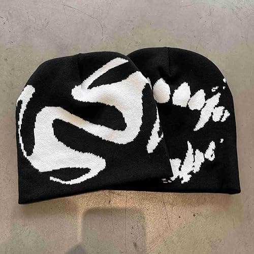 Winatehr Black Graphic Beanie for Men Women, Streetwear y2k Knitted Hat, Slouchy Goth Skull Cap (2 pcs) thumbnail 7