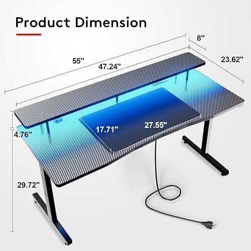 COMHOMA 55 Inch Gaming Desk with USB Charging Ports and LED Lights, Computer Desk with Monitor Stand for Home Office, Modern Gamer Desk Table with Mouse Pad & Side Hook, Colorful thumbnail 3