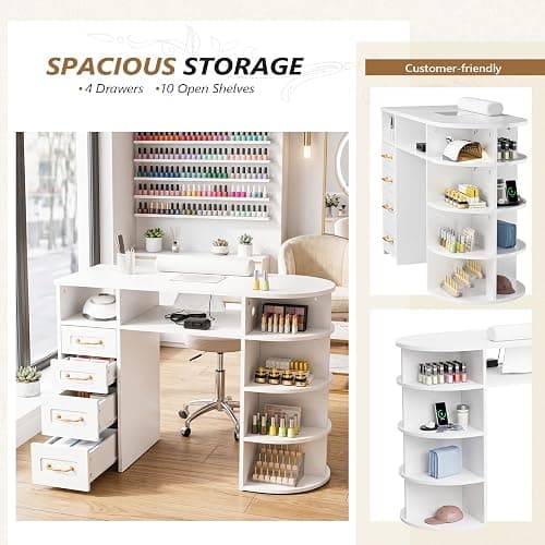 OmySalon Nail Desk for Nail Tech with Electric Dust Collector – Rattan Manicure Table, Professional Salon Station with Display Rack, Storage Drawers, Acetone Resistant Surface & Wrist Cushion (White) thumbnail 5