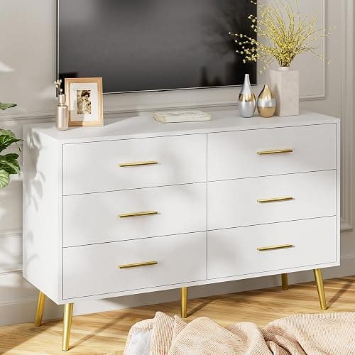 LYNSOM White 6 Drawer Dresser for Bedroom with Gold Handles, Modern Chest of Drawers, Wooden Dressers Organizer for TV Stand,Living Room, Hallway, Entryway thumbnail 3