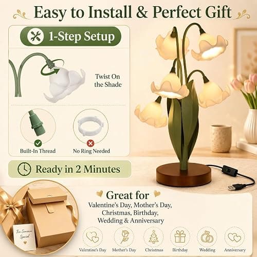NewAoNaSen Lighting Flower Table Lamp for Bedroom, LED Cute Reading Light | 5 White Magnolia Flower of The Valley Desk Lamp Bedside Lamps for Nightstands Home Decor,Soft Night Light for Living Room thumbnail 7