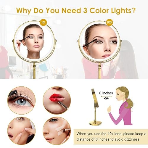 Lighted Makeup Mirror, 3000 mAh Rechargeable Double Sided Magnifying Vanity Mirror with 3 Colors, 1x/10x, 360° Rotation , Brightness Adjustable Magnification Cosmetic Light up Mirror, Women Gift thumbnail 6