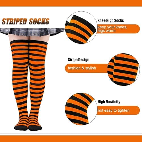 Barrlves 2/4 Sets Womens Striped Knee High Socks Long Knitted Arm Warmers Fingerless Gloves for Halloween Costume thumbnail 4