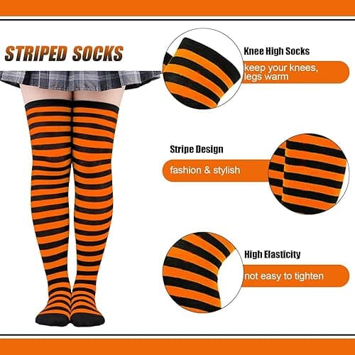 Barrlves 2/4 Sets Womens Striped Knee High Socks Long Knitted Arm Warmers Fingerless Gloves for Halloween Costume - 2sets Rose+neon thumbnail 4