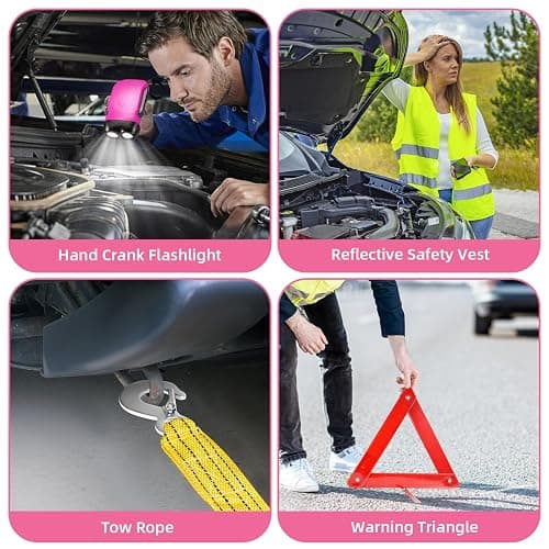 VEIYIE Roadside Emergency Car Kit for Vehicles, Pink Car First Aid Kit Emergency Kit with Jumper Cables, Car Safety Kits, Tow Strap, Tool Kit, Road Trip Assistance for Men, Women, New Driver Gifts thumbnail 6