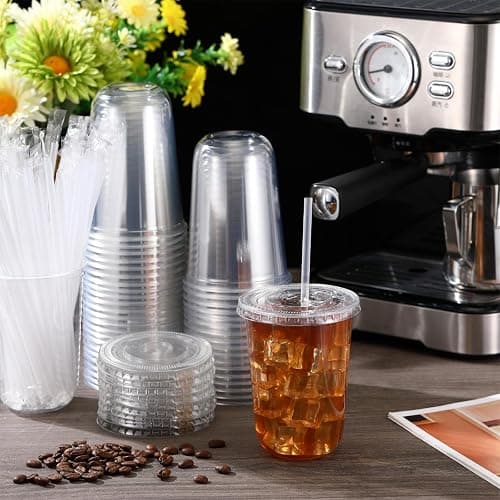 Ziliny 50 Sets Clear Plastic Cups with Lids and Straws, Disposable Iced Coffee Cups Drinking PET for Cold Drinks, Juice, Smoothie, Coffee Shops, Party, Christmas(Clear,16 oz) thumbnail 2
