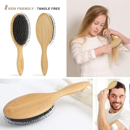 BESTOOL Hair Brush-Boar Bristle Hair Brushes Natural Bamboo Wooden Cushion Massage Anti Static Large Paddle Hairbrush for Women Men and Kid (Round) thumbnail 5