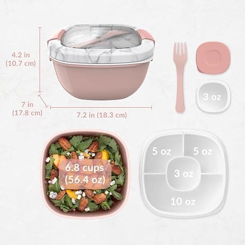 Bentgo Salad Container - 54 oz Bowl with 4-Compartment Toppings Tray, Dressing Container, Reusable Fork, BPA-Free Lunch Box for Meal Prep & Food Storage; Removable Bento Tray (Blush Marble) thumbnail 2