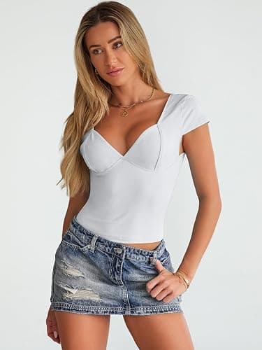 Trendy Queen Womens Summer V-Neck Backless Cute Tops Short Sleeve Sexy Slim Fit T-Shirts Y2K Clothes Corset Cami 2025 thumbnail 3
