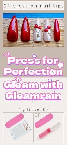 Gleamrain Red Press on Nails Long Stiletto Glue on Nails Almond Shape with 3d Cherry and Cat eye Design for Women and Girls for Christmas Parties Dances or Daily Use 24pcs thumbnail 4