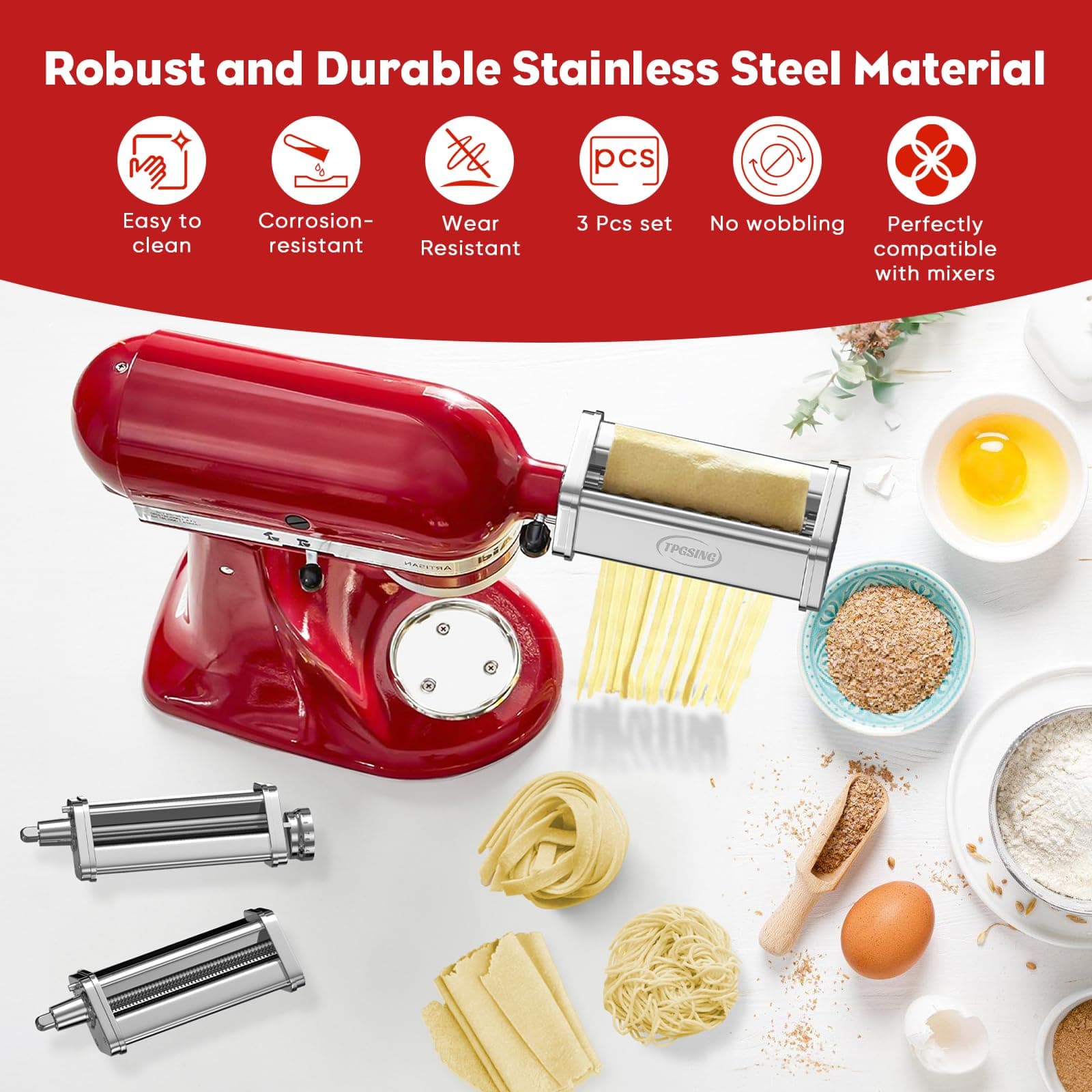 Pasta Attachment for Kitchen Aid Stand Mixer Included Spaghetti Cutter, Pasta Sheet Roller and Fettuccine Cutter, 3PCS Stainless Steel Pasta Maker Attachment by TPGSING thumbnail 7