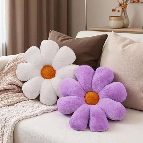 2pcs Flower Pillow - Lavender White Bedroom Decor, Daisy Flower Throw Pillows Set, Cute Girls Preppy Room Decor Aesthetic Decorative Throw Pillows for Bed Sofa Chair Decor (Lavender & White) thumbnail 2