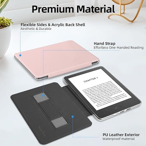 HOICHOE Case for 6" Kindle 2024/2022 Release (11 Generation), Light PU Leather Cover and Transparent Hard Back Shell with Hand Strap, Auto Sleep/Wake, Sakura Pink thumbnail 4