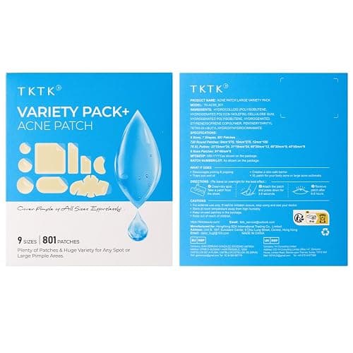 TKTK Hydrocolloid Pimple Patches All-in-One Combo Pack (9 Sizes 801 Count) | 7 Shapes Bulk Strips for Face & Back, Gentle Blemish Care for Acne, Zit Covering Set for Breakouts & All Skin Types thumbnail 9