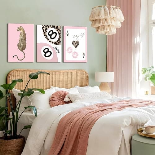 Trendy Leopard Canvas Wall Art Set of 3 - Pink Cheetah Prints Wall Decor Pictures, Funky Lucky You 8 Ball Poster Preppy Aesthetic Paintings, for Girls Bedroom Dorm Apartment 12x16 inch Framed thumbnail 2
