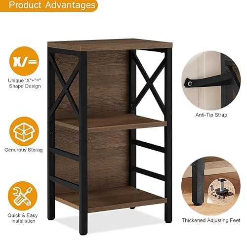 MNEETRUNG Small Bookshelf,3 Tier Industrial Bookcase with Metal Frame and Backboard,Low Rustic Brown Book Shelf,Book case for Small Spaces,Living Room,Bedroom and Home Office thumbnail 8