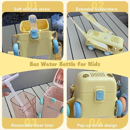 Wedhapy Bus Water Bottle for Kids 500ml Food Grade Detachable Washable Kids Water Bottle with Straw & Adjustable Strap for School thumbnail 6