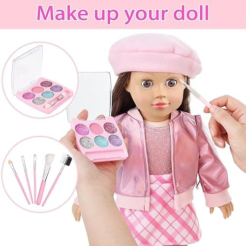 Ecore Fun 17 Pcs American 18 Inch Doll Accessories Cosmetic Set with Backpack & Outfits | Pretend Play Makeup Kit for 18" Dolls | Includes Lipstick, Eyeshadow, Brushes, Accessories & Stylish Clothes thumbnail 6