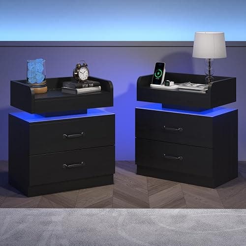 4ever2buy Black Nightstand with Charging Station and LED Lights | 2 Drawer Night Stand for Bedroom, Modern Bedside Tables End Table for Living Room thumbnail 7