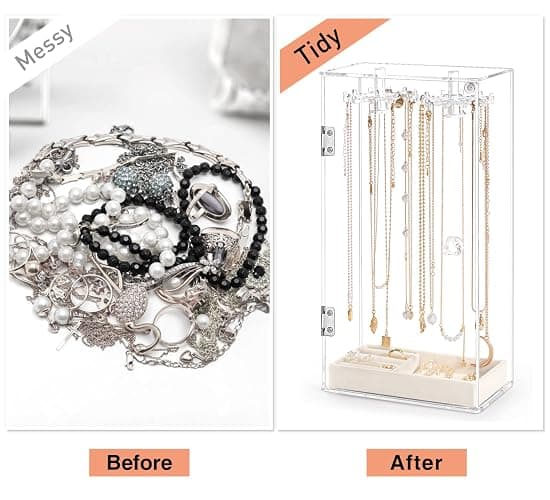 Necklace Holder, Acrylic Jewelry Organizer with 24 Hooks, Rotation Clear Necklaces Pendant Display Case Stand, Dust-proof Velvet Tray Hanging Rack Storage for Earrings Rings thumbnail 7