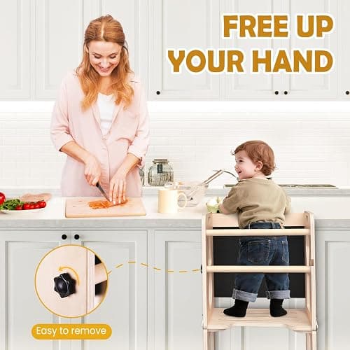Woodure 4-in-1 Toddler Kitchen Step Stool, Foldable Learning Standing Tower with Blackboard, Wooden Kitchen Stool Helper for Kids, 1-3 Year Old Boy Girl Gifts thumbnail 6