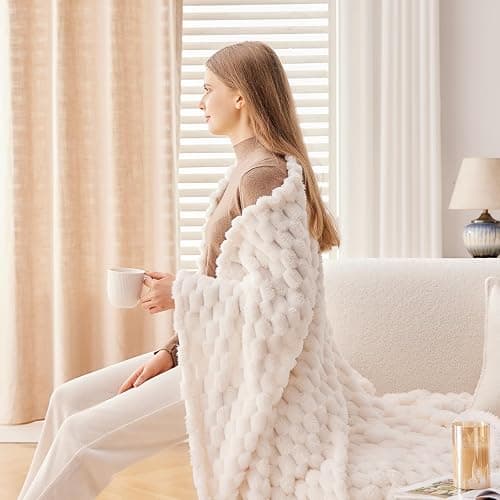 NEWCOSPLAY Super Soft Queen Blanket Ivory Premium Silky Flannel Fleece 3D Clouds Stylish Jacquard Lightweight Bed Blanket All Season Use 350GSM (Ivory, Queen(90"x90")) thumbnail 8