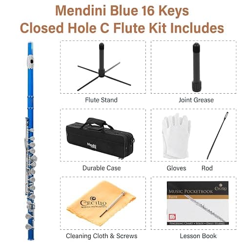 Mendini By Cecilio Flute, 16 Keys Closed Hole C Flute Instrument For Beginners with Carrying Case, Cork Grease, Stand, Lesson Book, Cleaning Kit, Gloves (Blue) thumbnail 6