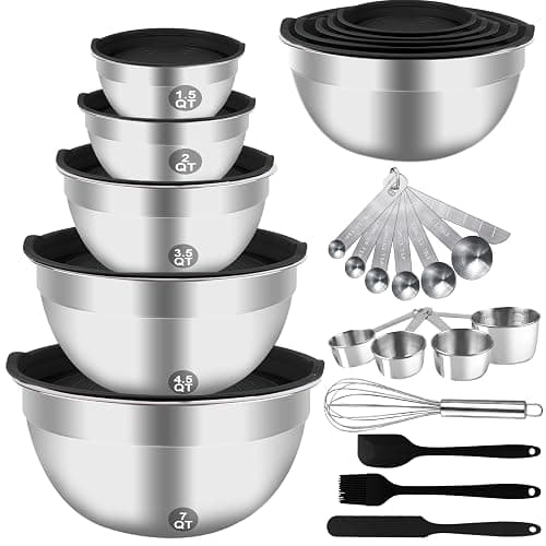 WEPSEN Mixing Bowls Set, 25PCS Stainless Steel Mixing Bowl with Lid Set, Large Nesting Bowls 7, 4.5, 3,2, 1.5QT, Measuring Cups and Spoons Baking Utensils Metal Bowl for Kitchen Prep - Image 1