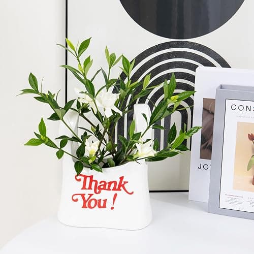 Handmade Ceramic Bag Flower Vase with Red “Thank You” Print | Glossy White Purse Vase for Modern Home Decor, Mantel, Kitchen, Living Room, Table Centerpiece thumbnail 2