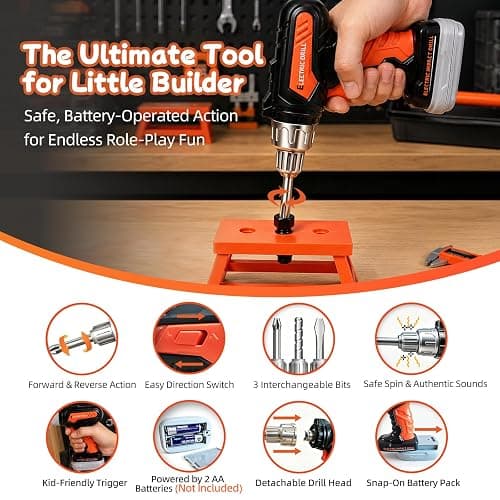 49 PCS Kids Tool Set with Realistic Toy Electric Drill & Storage Box, Construction Worker Dress Up Pretend Play Kit with Washable Vest & Goggles, STEM Educational Builder Gift for Boys Ages 3-7 thumbnail 3