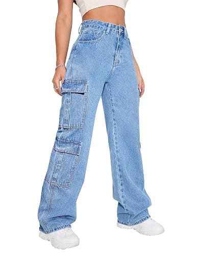 Flvsun Women's High Waist Baggy Cargo Jeans Flap Pocket Y2K Streetwear Wide Leg Denim Pants - Image 1