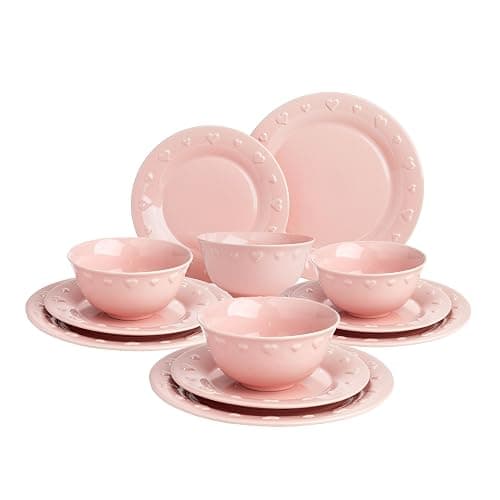 Paris Hilton 12-Piece Dinnerware Set, Embossed Hearts. Iconic Ceramic Stoneware Service for 4 with Dinner Plates, Salad Plates, and Bowls, Microwave & Dishwasher Safe, Pink - Image 1