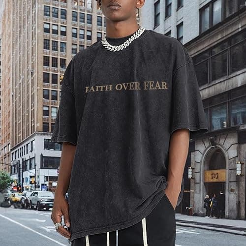 Weetiotio Christian Faith Over Fear Shirt for Men Jesus Religious Shirts Oversized Graphic Tees Acid Wash God T-Shirt thumbnail 2