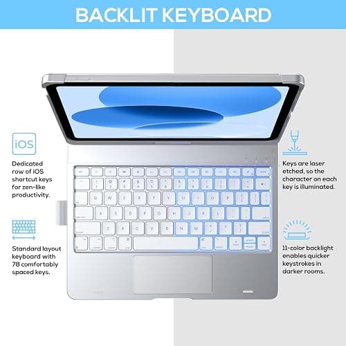 typecase Touch iPad 11th 10th Generation Case with Keyboard (11" 2025, A16 & 10.9" 2022) – 360° Rotatable, 11-Color Backlit, Multi-Touch Trackpad, Pencil Holder, Thin & Light – Silver thumbnail 3