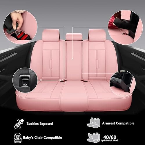 NS YOLO Universal Fit Premium Pink Leather 5-Seats Car Seat Covers | Waterproof full-set seat protector for Cars,SUVs,Trucks,airbag-safe,wipe-clean,10-min install,all-season car seat cushion. thumbnail 5