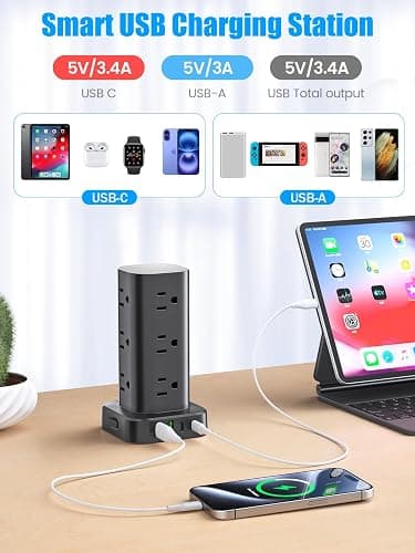 Flat Plug Power Strip Tower Surge Protector, 10FT Flat Extension Cord with Multiple Outlets, 12 AC Outlets, 4 USB Ports (2 USB C) Charging Station for Office Home Dorm Room Travel (Black) thumbnail 3