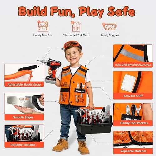 49 PCS Kids Tool Set with Realistic Toy Electric Drill & Storage Box, Construction Worker Dress Up Pretend Play Kit with Washable Vest & Goggles, STEM Educational Builder Gift for Boys Ages 3-7 thumbnail 4
