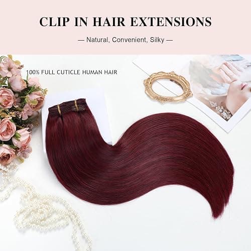 YILITE Clip in Extensions Echthaar 35cm 100% Echthaar Extensions Clip 14 Zoll 8 Stück 110g Unsichtbar Glatt Zum Anklippen Menschenhaar Doppelt Genäht (35cm #99j Burgunderrot) thumbnail 4