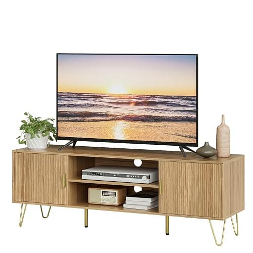 Apetaccat TV Stand for 55-65 Inch TV, Entertainment Center with Soft Hinge Door,TV Console Table with 2 Cabinets with Gold Handle and Feet,for Living Room, Bedroom, Oak - Image 1