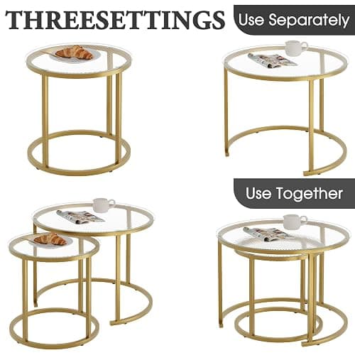 aboxoo Nesting Coffee Table Set of 2, Small Round Glass Nesting Tables for Living Room Bedroom, Accent Tea Table with Gold Metal Frame Modern Industrial Simple thumbnail 7
