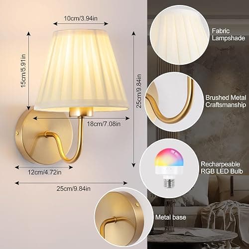 Vintage Battery Operated Wall Sconces Set of 2, Pleated Fabric Shade Gold Wall Lamp with Remote Control, Cordless Rechargeable Wall Sconces Fixtures for Bedroom, Living Room, Beside (2 Bulbs Included) thumbnail 2