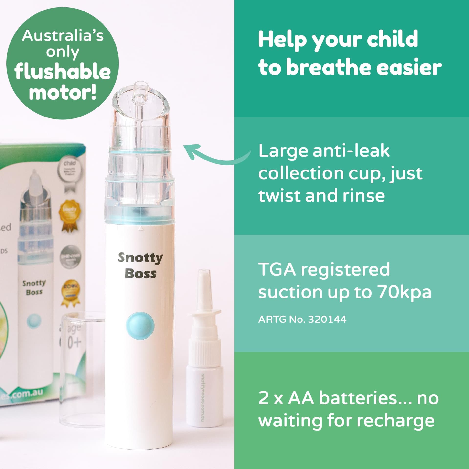 Snotty Boss Baby Nasal Aspirator - Electric Nose Sucker for Baby - Auto Snot & Nose Cleaner Kit with 4 Silicone Tips, Carry Bag & Saline Spray Bottle - AA Battery Operated - Australian Owned thumbnail 2