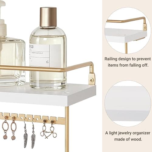 Mkono Hanging Jewelry Organizer Wall Mounted Jewelry Organizer Necklace Holder with Rustic Wood Shelf, Ring Display Box, Ear Studs Earring Holder Bracelet Organizer (Gold) thumbnail 5