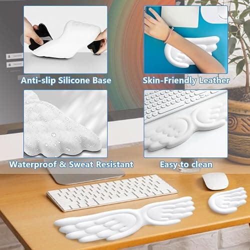 Angel Wing Wrist Rest Ergonomic Angel Wings Keyboard Wrist Rest with Mouse Hand Support and Cloud Mouse Pad Set, Pu Leather Surface, Non-Slip Base & Memory Foam for Office, Gaming, Work(3Pcs, White) thumbnail 5